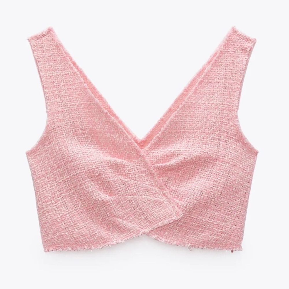 Zara TEXTURED WEAVE CROPPED TOP PINK